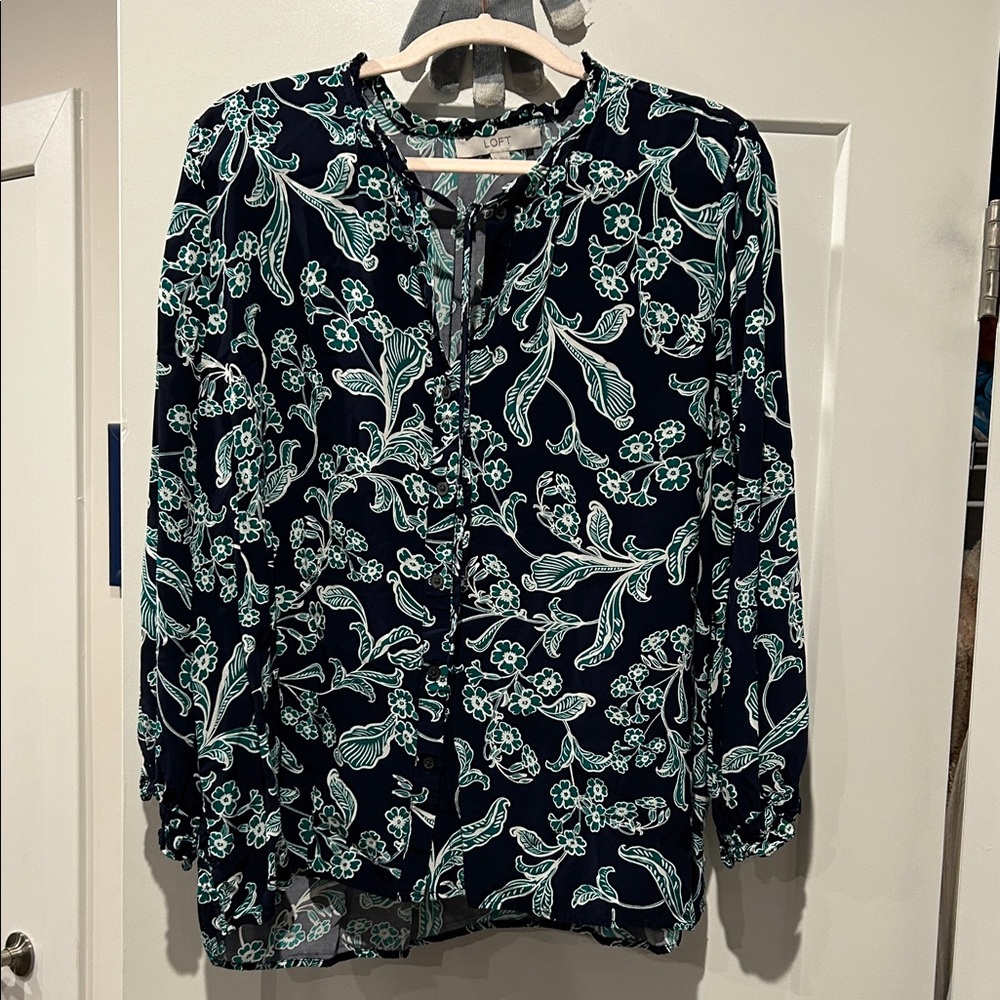 LOFT Navy and Mint Floral Blouse
